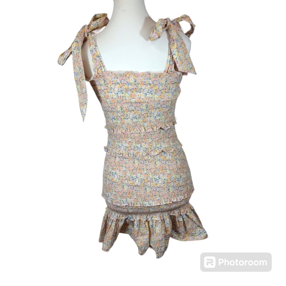 Mable Yellow Green Smocked Floral Tie Strap Mini Dress Size S NWOT - Picture 6 of 10